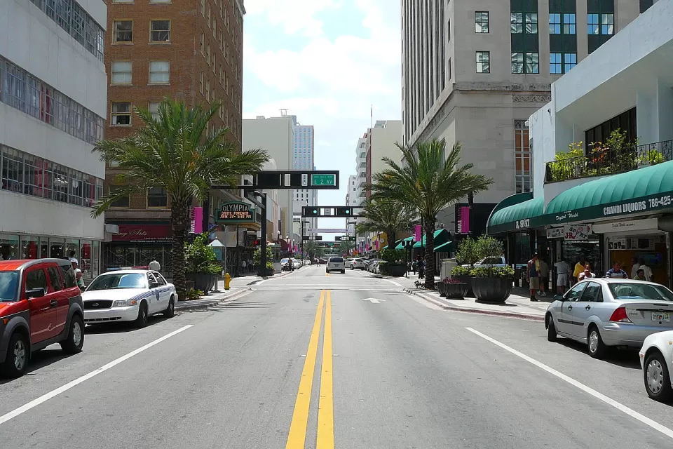 Loking down Flagler Street, Downtown Miami, Florida